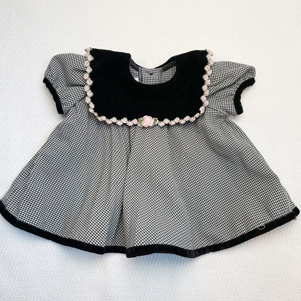 Black & White Gingham Baby Dress with Pink Floral Trim